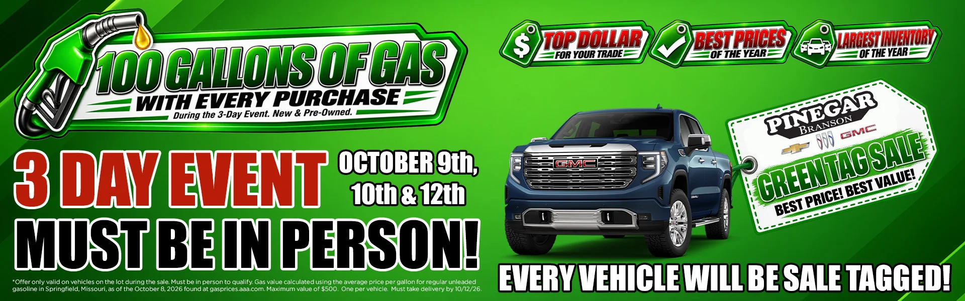 Green tag Sales at Pinegar Chevrolet Buick GMC of Branson in Branson MO